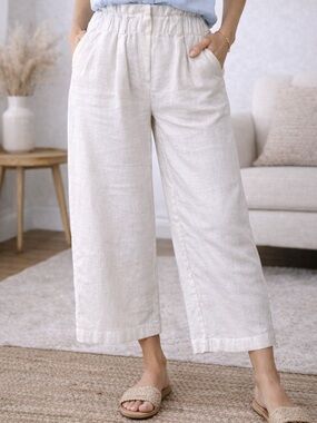 Coffee Bean White Linen Blend Wide Leg Pants Paperbag Waist Size M